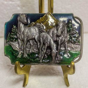Vintage Horses Grazing Enameled Belt Buckle